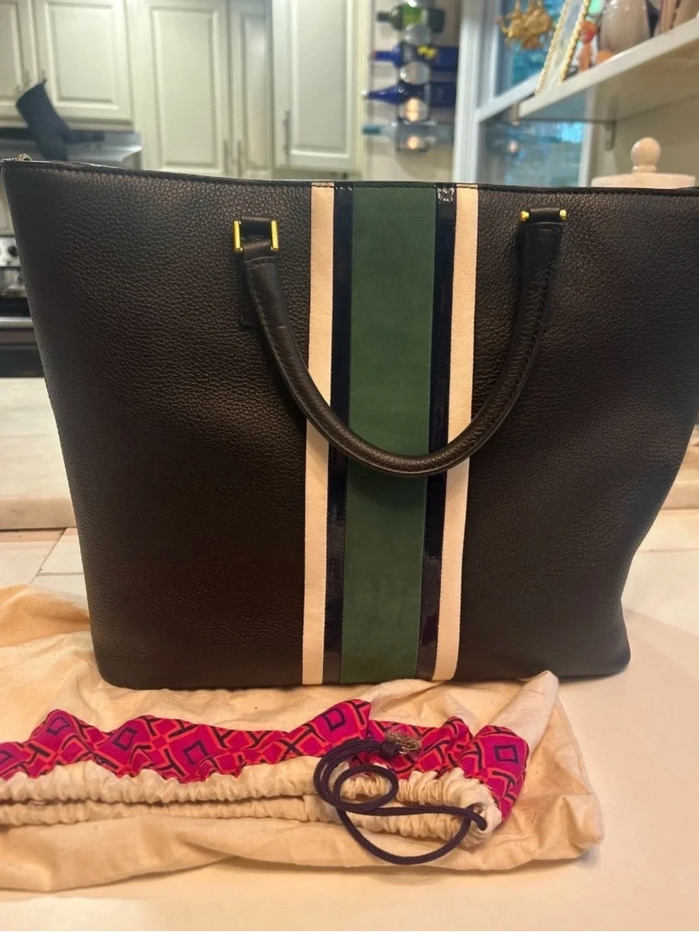 Tory Burch Navy Leather Tote with Green Suede and White Trim